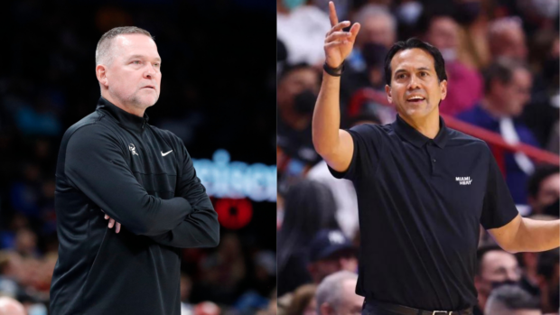 Nuggets coach Michael Malone and Heat coach Erik Spoelstra. –FILE PHOTOS