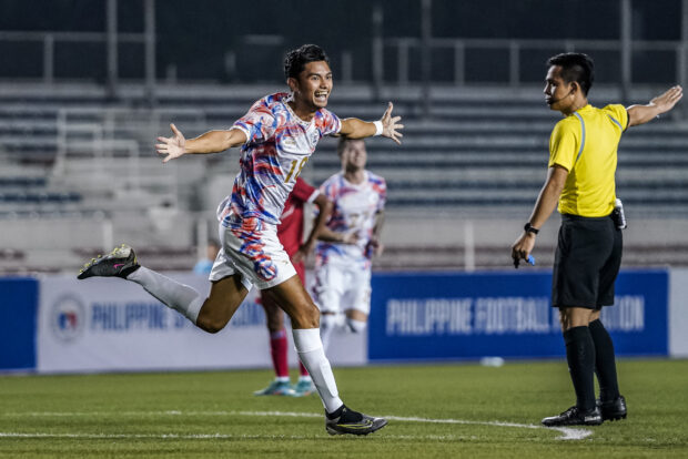 Jarvey Gayoso celebratesafter scoring the lone goal in the Philippine Azkals’ victory over Nepal. —PFF PHOTO