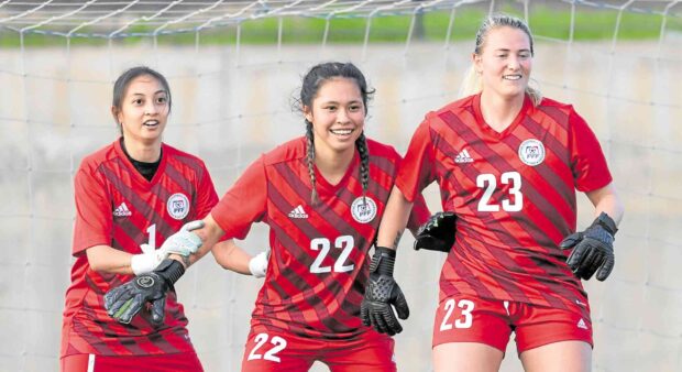 Kiara Fontanilla is part of the national goalkeeper corps that includes veteran Inna Palacios (left) and starter Olivia McDaniel. —PHOTO COURTESY OF PHILIPPINE WOMEN’S FOOTBALL TEAM