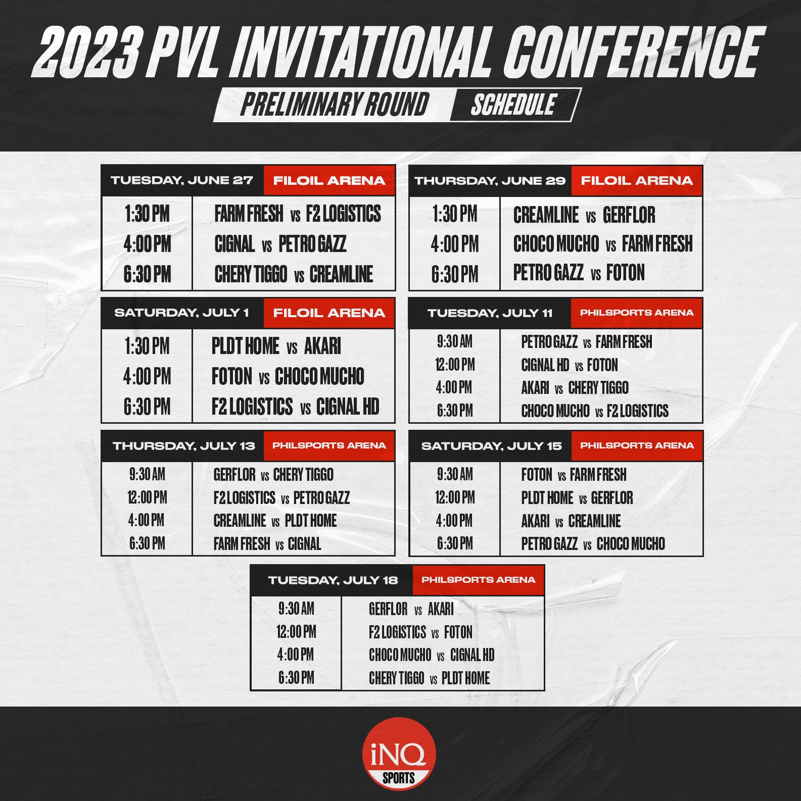 PVL 2023 Invitational Conference preliminary round schedule