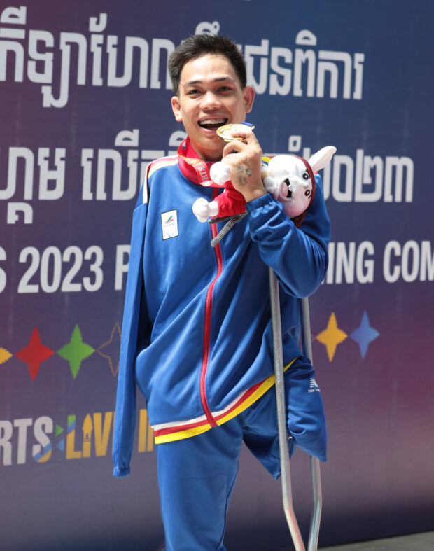 Bejino Gary Adornado of the philippine win 1st Gold medal of events Men 400m freestyle S6 at aquatic center 12th ASEAN Para Games Phnom Penh Cambodia on June 4 2023
