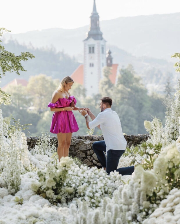 NBA star Luka Doncic proposes to his longtime partner Anamaria Goltes at Lake Bled in Slovenia.