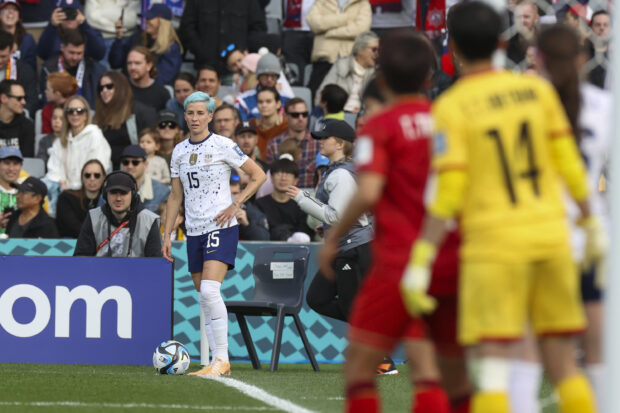 United States' Megan Rapinoe prepares for a corner kick during the Women's World Cup Group E soccer match between the United States and Vietnam in Auckland, New Zealand, Saturday, July 22, 2023. According to a count being kept by Outsports, a website that covers the LGBTQ sports community, there are at least 95 out members of the LGBTQ community competing in this year's tournament. (AP Photo/Rafaela Pontes)