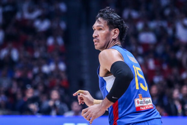 Gilas Pilipinas' June Mar Fajardo goes for a shot against the Dominican Republic in the Fiba World Cup.
