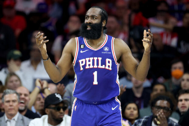MAY 11: James Harden #1 of the Philadelphia 76ers reacts to a play against the Boston Celtics during the second quarter in game six of the Eastern Conference Semifinals in the 2023 NBA Playoffs at Wells Fargo Center on May 11, 2023 in Philadelphia, Pennsylvania. NOTE TO USER: User expressly acknowledges and agrees that, by downloading and or using this photograph, User is consenting to the terms and conditions of the Getty Images License