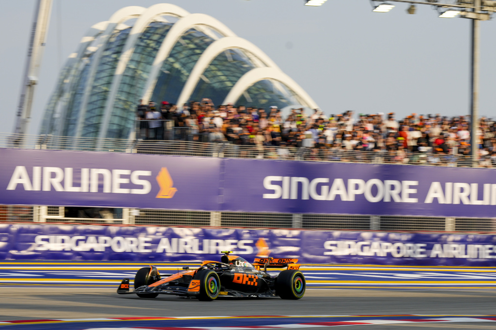 McLaren driver Lando Norris of Britain steers his car during the first practice session of the Singapore Formula One Grand Prix 