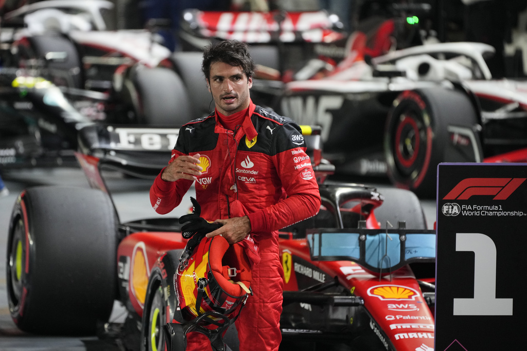 Ferrari driver Carlos Sainz gestures after the qualifying session of the Singapore Formula One Grand Prix 