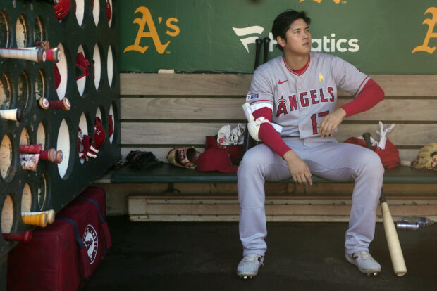 FILE - Los Angeles Angels' Shohei Ohtani before a baseball game against the Oakland Athletics