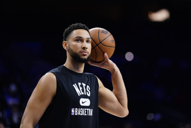 Brooklyn Nets' Ben Simmons watches practice before an NBA basketball game, Thursday, March 10, 2022, in Philadelphia. Simmons