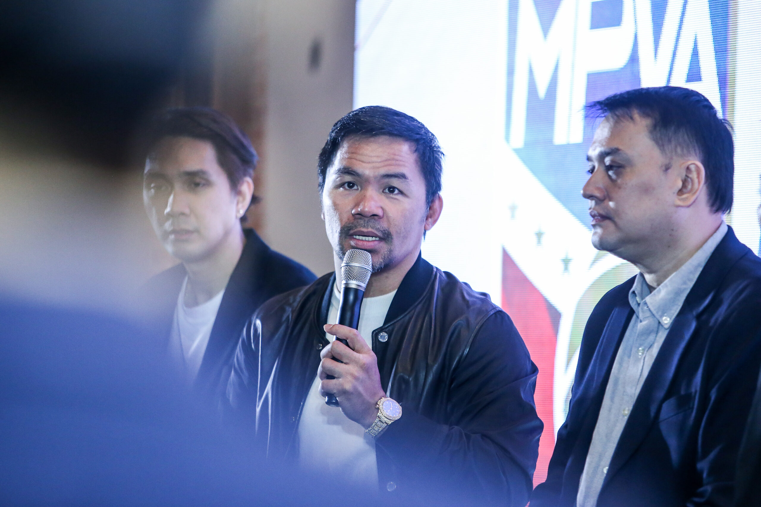 Filipino boxing legend Manny Pacquiao during a press conference for the Maharlika Pilipinas Volleyball Association. 