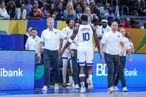 Team USA's Anthony Edwards heads to the bench during a Fiba World Cup game