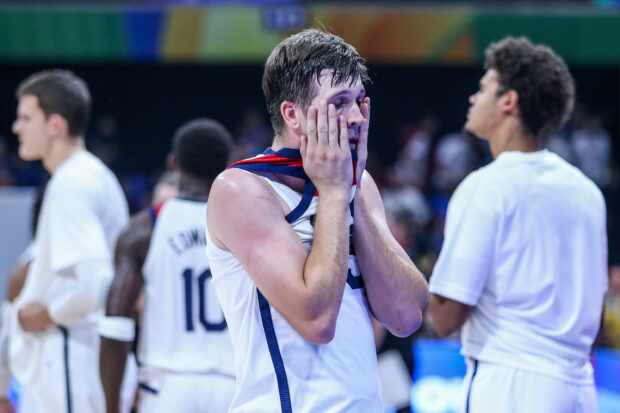 Team USA's Austin Reaves reacts after the Americans lose their semifinals match to Germany. 