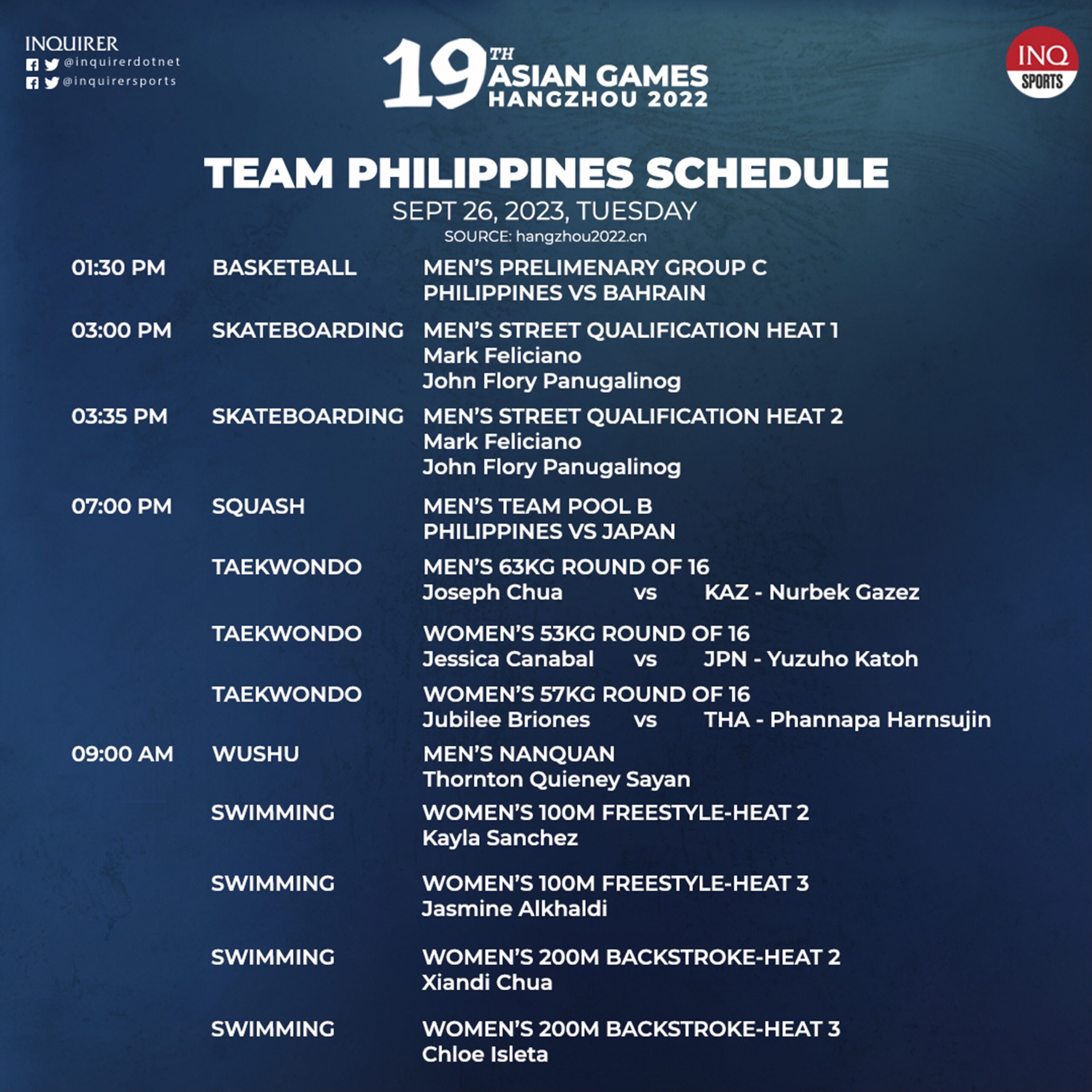 Team Philippines Hangzhou Asian Games 2023 September 26 schedule