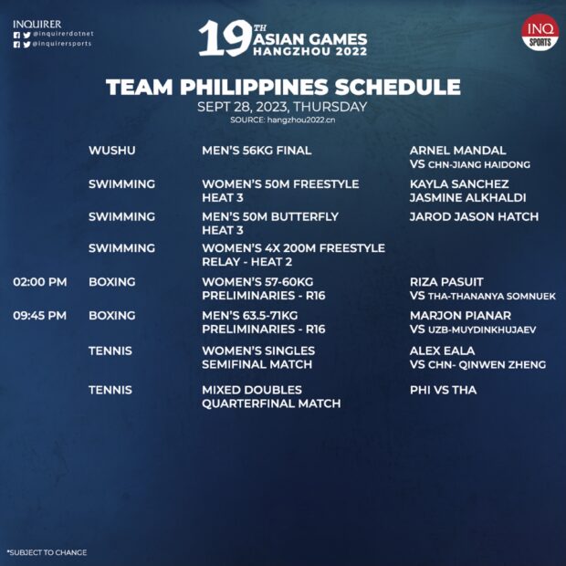 TEAM PHILIPPINES SEPTEMBER 28 SCHEDULE OF EVENTS