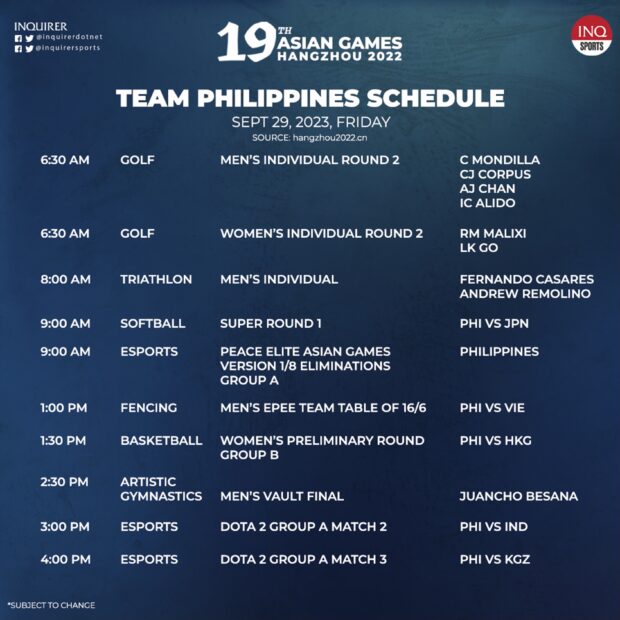 Asian Games TEAM PHILIPPINES SEPTEMBER 29 SCHEDULE OF EVENTS