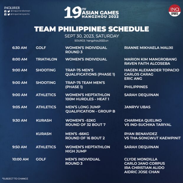 Asian Games TEAM PHILIPPINES SEPTEMBER 30 SCHEDULE OF EVENTS