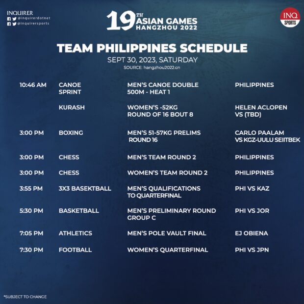 Asian Games TEAM PHILIPPINES SEPTEMBER 30 SCHEDULE OF EVENTS