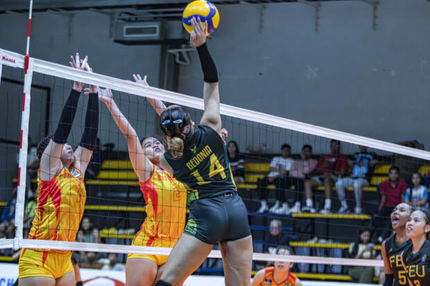 Kiesha Bedonia tries to find an angle for a kill off a San Sebastian block. —CONTRIBUTED PHOTO