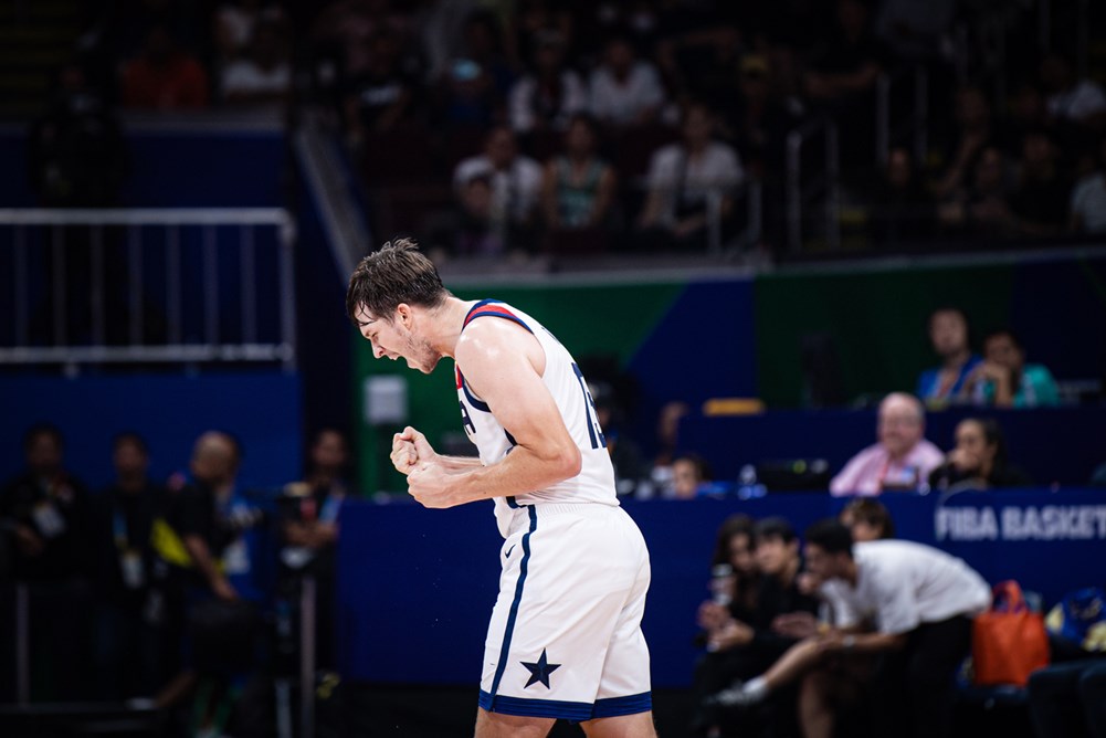 Team USA's Austin Reaves reacts after a clutch three in their Fiba World Cup second round game against Montenegro 