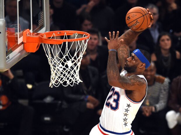 East NBA All Star  LeBron James (Cavaliers) goes to the basket during the 64th NBA All-Star Game at Madison Square Garden in New York  February 15, 2015.   