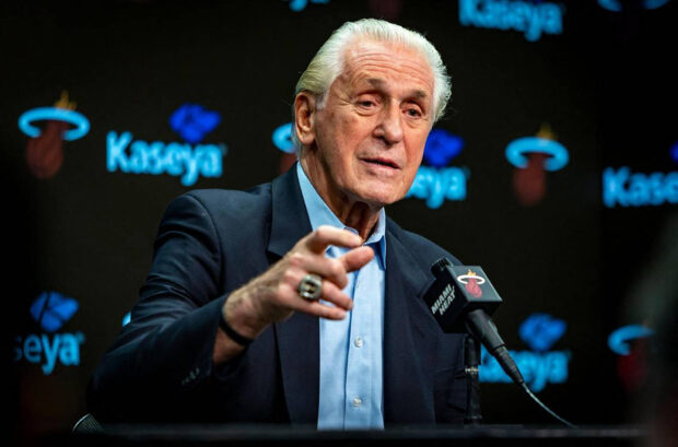 Miami Heat President Pat Riley speaks to the media during the season ending news conference at the Kaseya Center on Tuesday, June 20, 2023, in Miami.