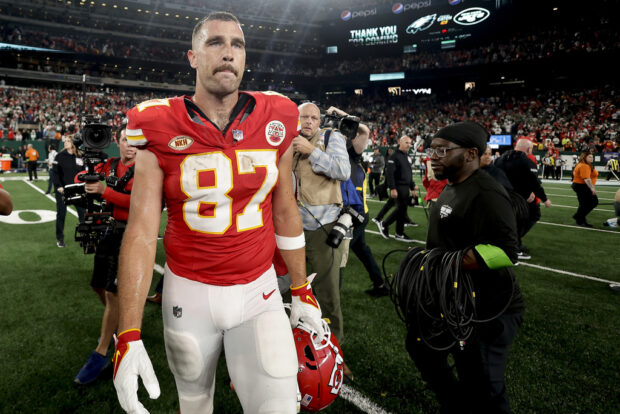 Kansas City Chiefs tight end Travis Kelce (87) walks off the field after playing against the New York Jets in an NFL football game, Sunday, Oct. 1, 2023, in East Rutherford, N.J.