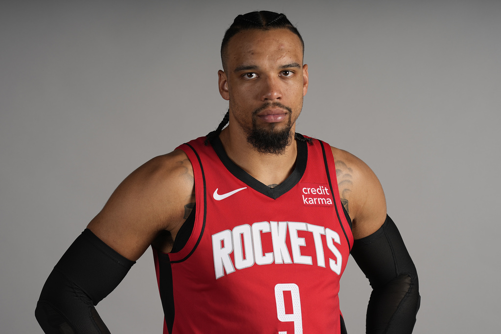Houston Rockets' Dillon Brooks poses for a photograph during an NBA basketball media day Monday, Oct. 2, 2023, in Houston.