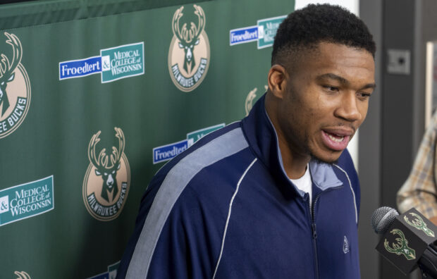 Milwaukee Bucks forward Giannis Antetokounmpo talks about his contract extension, Tuesday, Oct. 24, 2023 at the NBA basketball team's training facility in Milwaukee. 