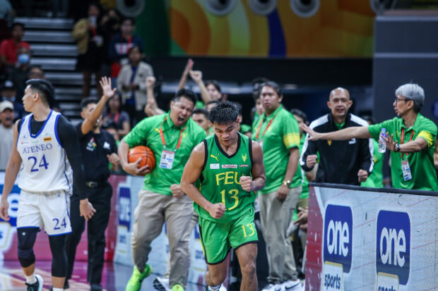 L-Jay Gonzales reacts after hitting the game winner to lift FEU past Ateneo in the UAAP Season 86 men's basketball tournament.