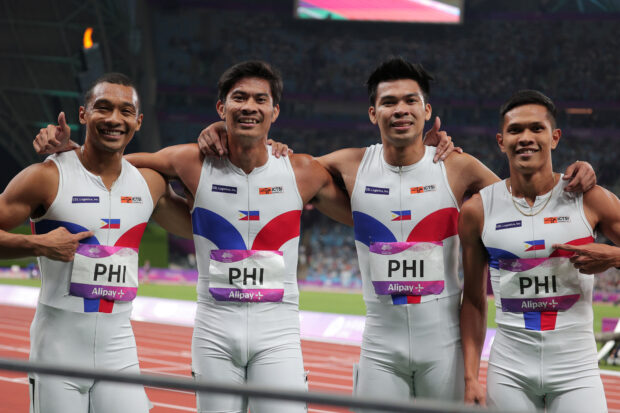 Team Philippines after the men's 4x400-meter final at the 19th Asian Games in Hangzhou, China.