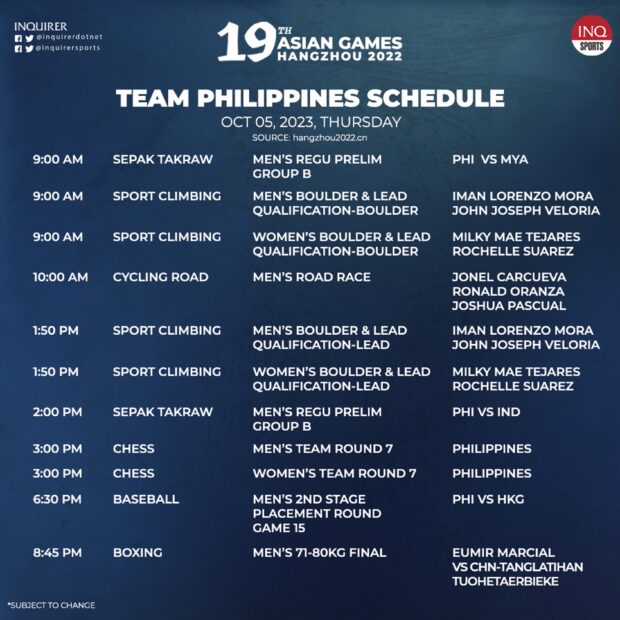 ASIAN GAMES: TEAM PHILIPPINES OCTOBER 5 SCHEDULE OF EVENTS