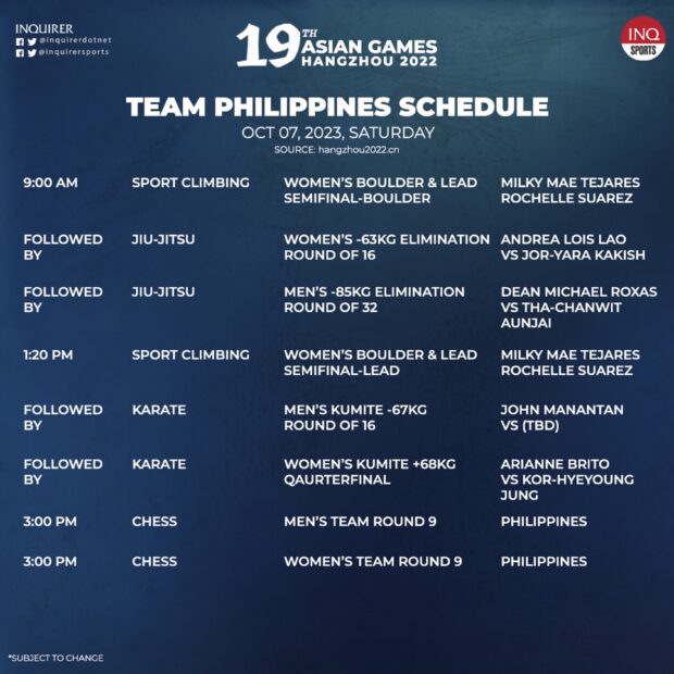 ASIAN GAMES: TEAM PHILIPPINES OCTOBER 7 SCHEDULE OF EVENTS