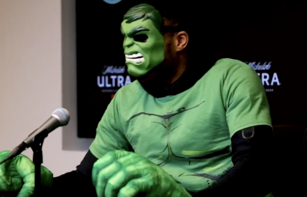Giannis Antetokounmpo in a Hulk costume after the Milwaukee Bucks' win over the Miami Heat. 