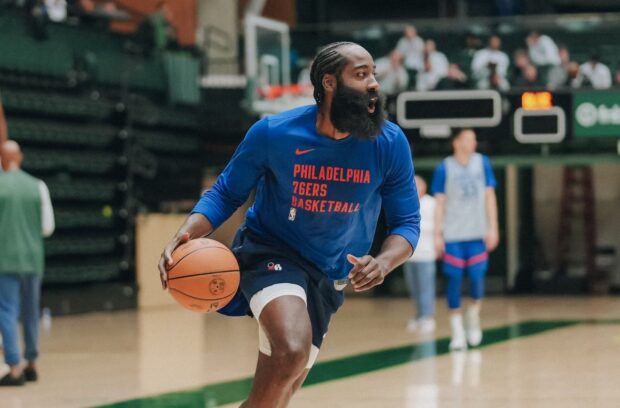 James Harden joins Philadelphia 76ers training camp in Colorado in this file photo.