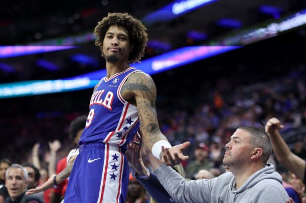 Kelly Oubre Jr. #9 of the Philadelphia 76ers reacts after scoring during the fourth quarter against the Toronto Raptors at the Wells Fargo Center on November 02, 2023 in Philadelphia, Pennsylvania