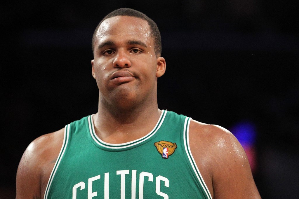 Glen Davis #11 of the Boston Celtics reacts in the second half while taking on the Los Angeles Lakers in Game Six of the 2010 NBA Finals at Staples Center on June 15, 2010 in Los Angeles, California.