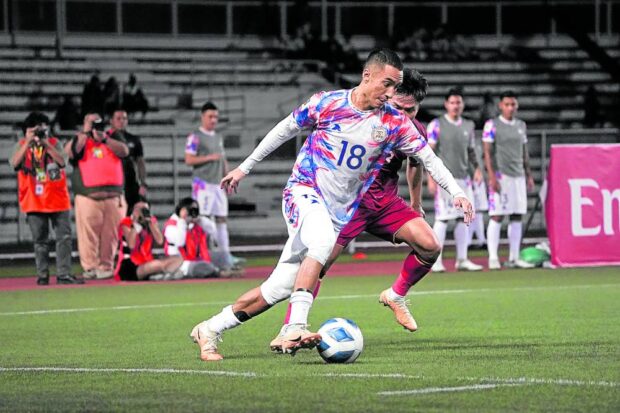 Santi Rublico (No. 18), a U19 player for Atletico Madrid, nearly delivered a goal for the Azkals. —CONTRIBUTED PHOTO
