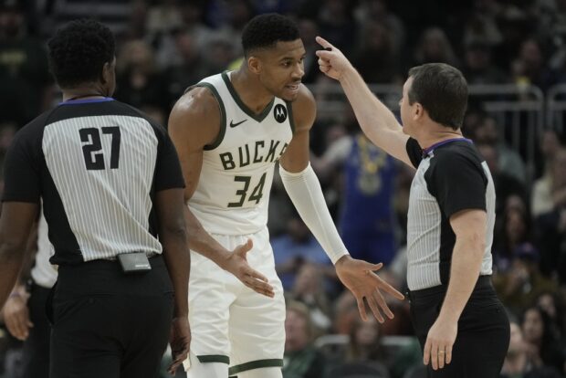 Milwaukee Bucks' Giannis Antetokounmpo is ejected from the game during the second half of an NBA basketball game against the Detroit Pistons Wednesday, Nov. 8, 2023, in Milwaukee.