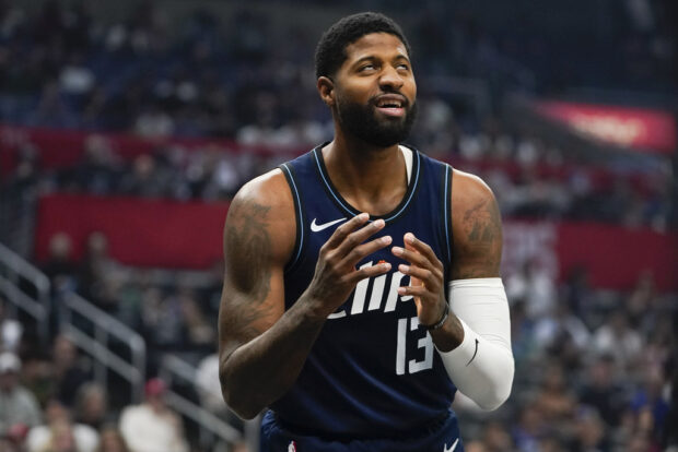 LA Clippers forward Paul George reacts during the first half of an NBA basketball game against the Memphis Grizzlies, Sunday, Nov. 12, 2023, in Los Angeles.