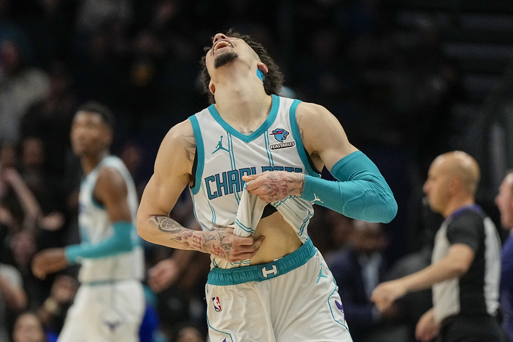 Charlotte Hornets guard LaMelo Ball celebrates their teams win against the Washington Wizards in an NBA basketball game on Wednesday, Nov. 22, 2023, in Charlotte, N.C. The Hornets won 117-114.