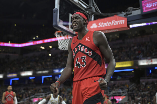 Toronto Raptors forward Pascal Siakam reacts after a making a basket during the second half of the team's NBA basketball game against the Indiana Pacers on Wednesday, Nov. 22, 2023, in Indianapolis.