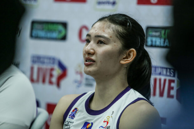 Choco Mucho Flying Titans' Maddie Madayag talks to the media after their big win over PLDT. 