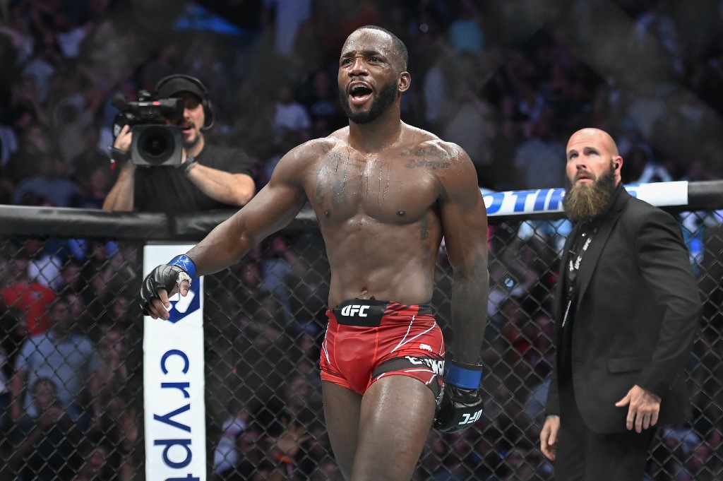 wards of Jamaica celebrates after winning a welterweight title bout against Kamaru Usman of Nigeria during UFC 278 at Vivint Arena on August 20, 2022 in Salt Lake City, Utah. 
