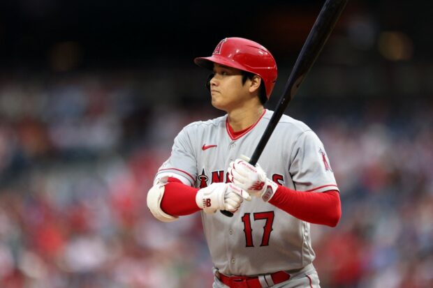  Shohei Ohtani #17 of the Los Angeles Angels bats during the first inning against the Philadelphia Phillies at Citizens Bank Park on August 29, 2023 in Philadelphia, Pennsylvania