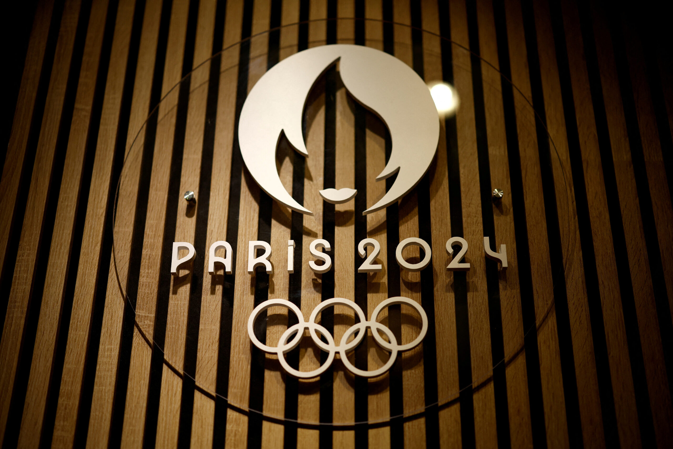 FILE PHOTO: The logo of the Paris 2024 Olympic and Paralympic Games inside an official Paris 2024 store at the Carrousel du Louvre in Paris, France, December 21, 2023. 