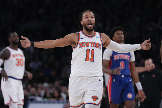New York Knicks' Jalen Brunson reacts during the first half of an NBA basketball game against the Detroit Pistons, Thursday, Nov. 30, 2023, in New York. 