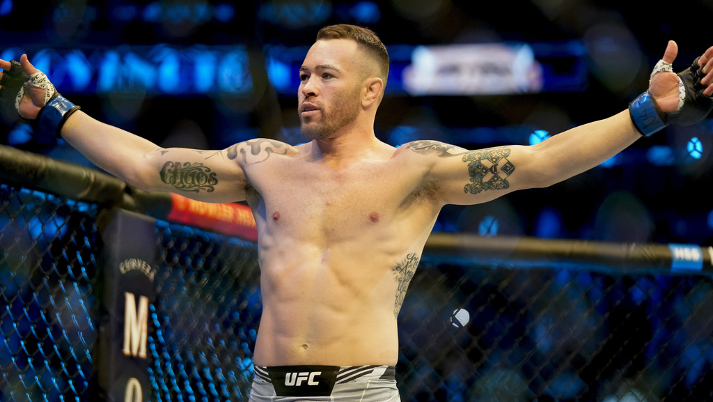 FILE - Fighter Colby Covington reacts before battling Kamaru Usman in a welterweight mixed martial arts championship bout at UFC 268, Sunday, Nov. 7, 2021, in New York. Covington gets yet another title shot when he faces welterweight champion Leon Edwards on Saturday, Dec 16, 2023. 