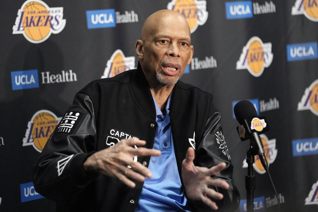 Kareem Abdul-Jabbar speaks during a news conference prior to an NBA basketball game between the Los Angeles Lakers and the Milwaukee Bucks Thursday, Feb. 9, 2023, in Los Angeles. Kareem Abdul-Jabbar fell at a concert in Los Angeles and broke his hip. 
