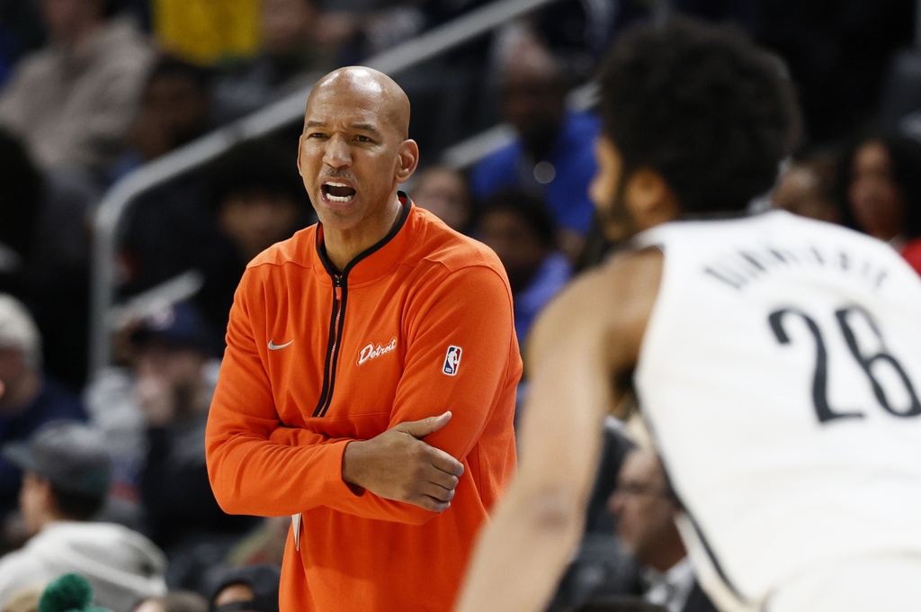 Detroit Pistons head coach Monty Williams shouts at his team during the first half of an NBA basketball game against the Brooklyn Nets Tuesday, Dec. 26, 2023, in Detroit