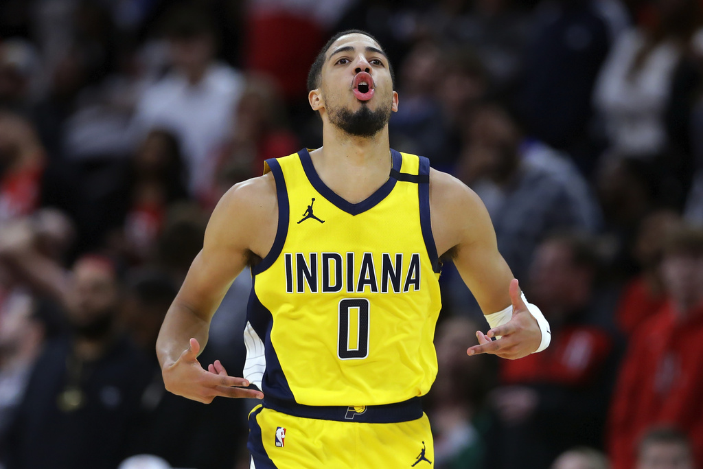 Indiana Pacers guard Tyrese Haliburton celebrates a 3-pointer that put the Pacers ahead of the Houston Rockets in the final minutes of an NBA basketball game Tuesday, Dec. 26, 2023, in Houston. 